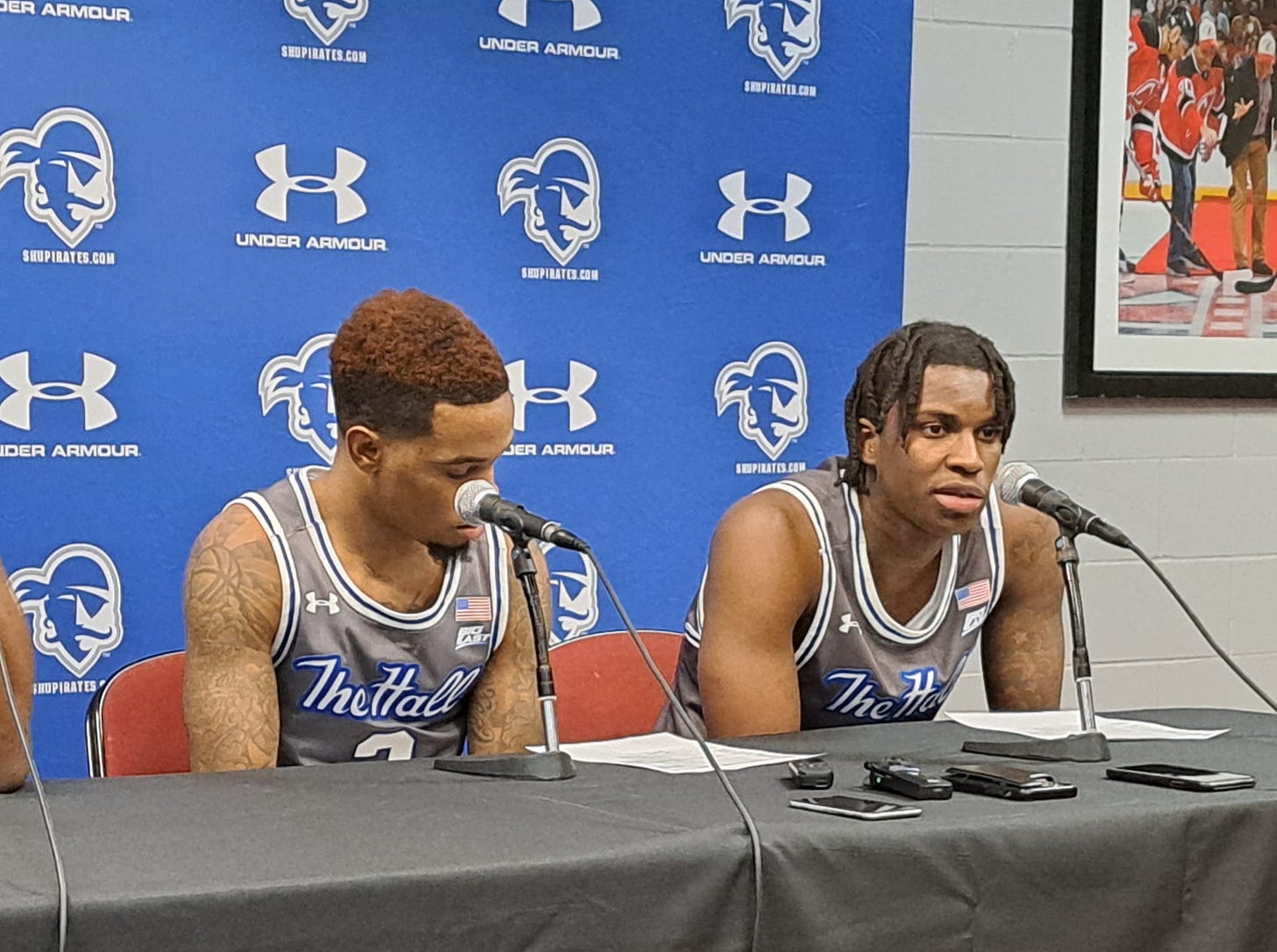 Kadary Richmond (right) and Al-Amir Dawes speak to reporters after Seton Hall’s loss to Providence on Dec. 17, 2022. (Photo by Adam Zielonka)
