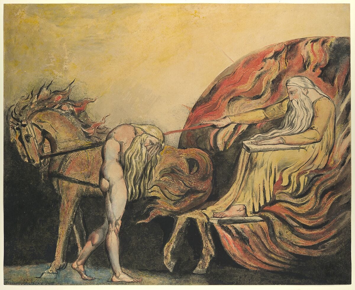 God Judging Adam, William Blake (British, London 1757–1827 London), Relief etching, printed in color and finished with pen and ink and watercolor 