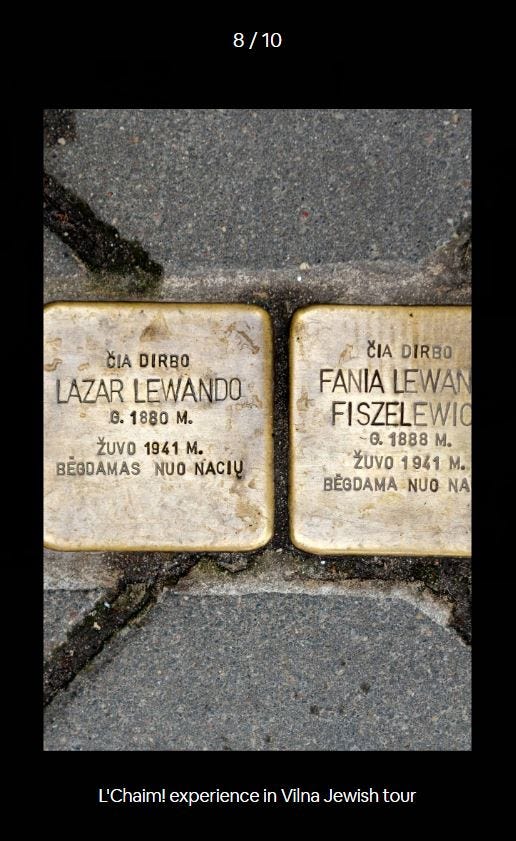 Two memorial stumbling stones above a caption that reads L'Chaim! Experience Jewish Vilnius