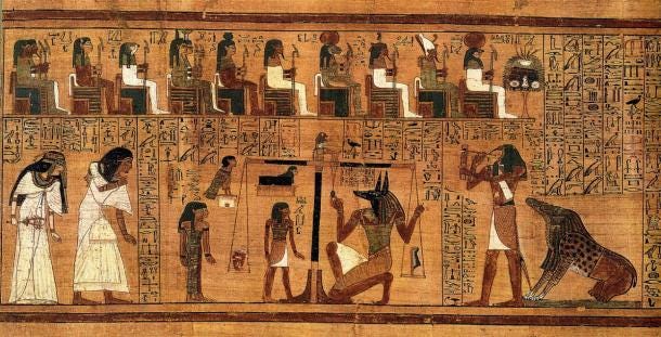 Excerpt from the ‘Book of the Dead’, written on papyrus and showing the "Weighing of the Heart" using the feather of Maat as the measure for the counter-balance.