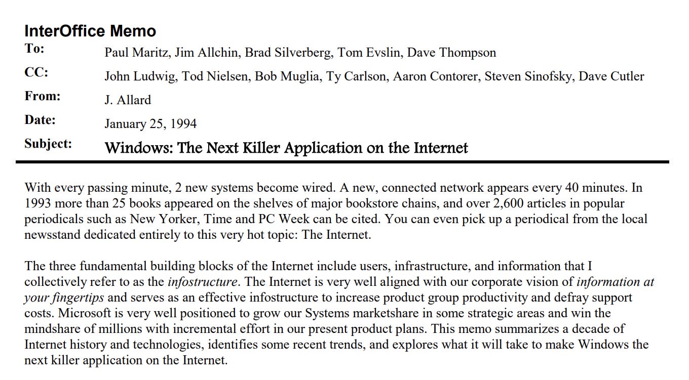 InerOffice memo from J. Allard describing "Windows: The Next Killer Application on the Internet