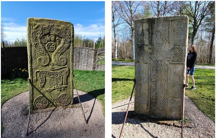 Photos showing the two main faces of Rodney’s Stone, in its current position in the east drive of Brodie Castle. On the left is its symbol-bearing face, with two opposed monsters surrounding some curvilinear motifs. Below is a highly stylised Pictish beast symbol, above an equally stylised double disc and Z-rod symbol. The lower symbol is truncated, suggesting that around 15cm has been lost from the base of the stone. On the right is the cross face, featuring a cross with circular armpits and filled with interlace design.