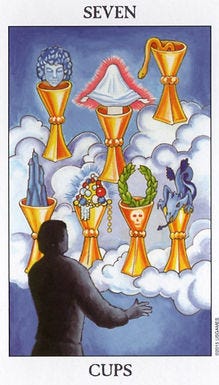 Image of RWS 7 of cups - a man facing 7 cups in the clouds that contain an array of pleasant and unpleasant things.