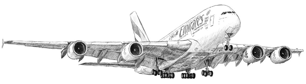 A drawing of an Emirates A380 taking off