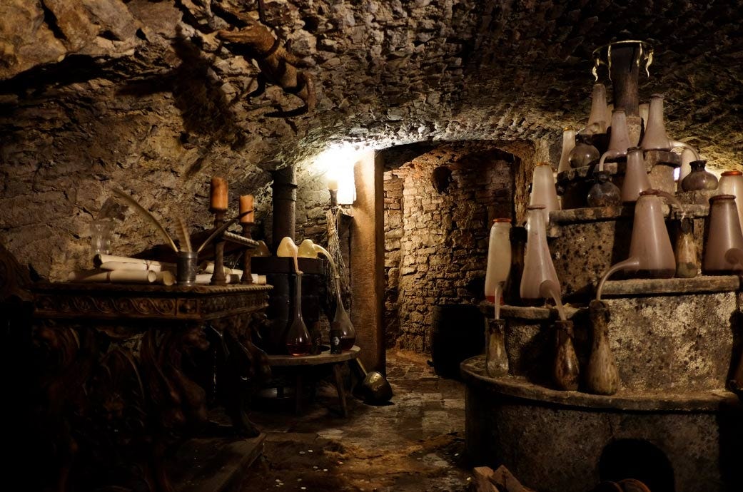 Inside the alchemy laboratory of the Speculum Alchemiae museum.