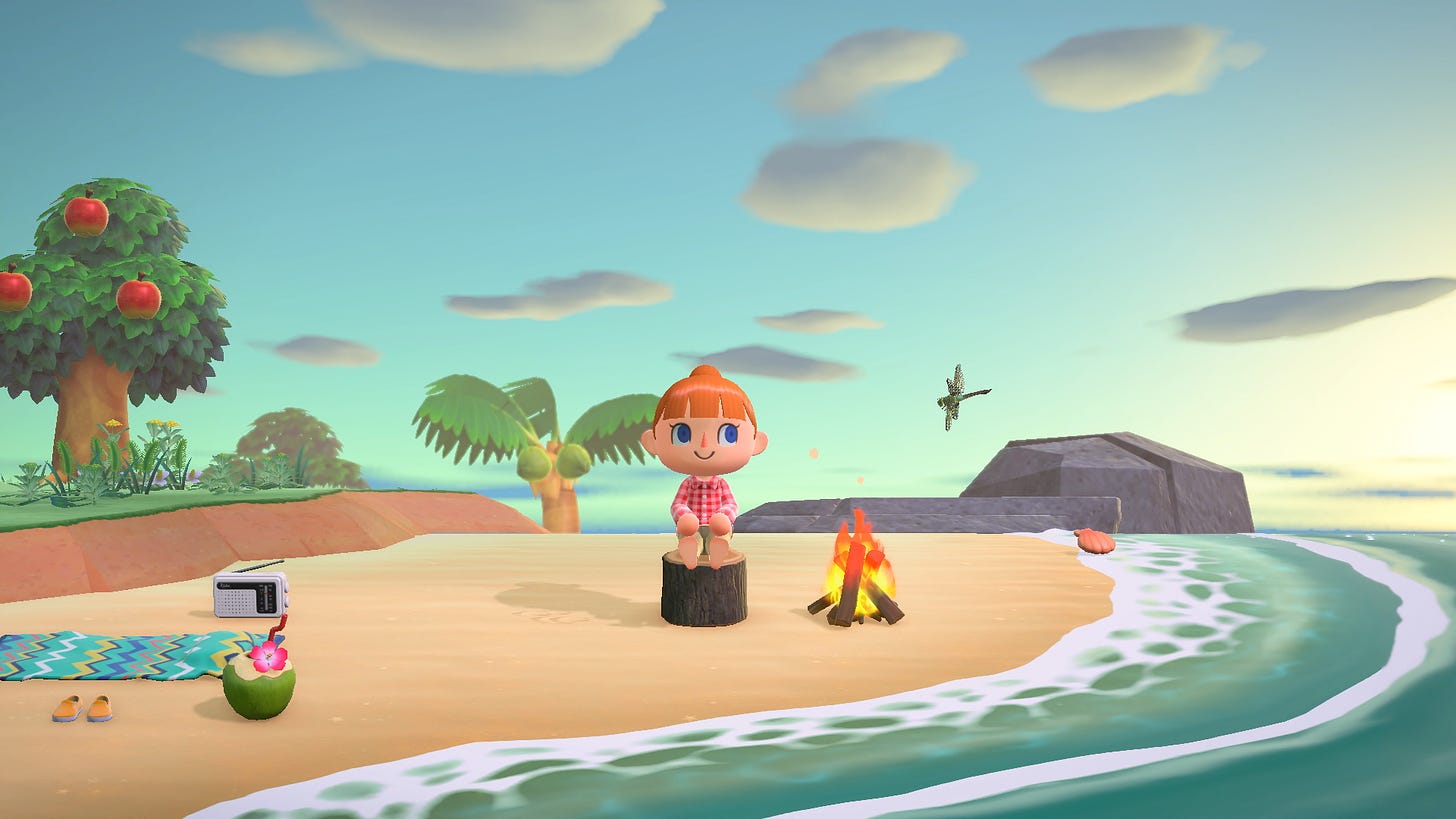Animal Crossing villager sitting on a log on the beach.