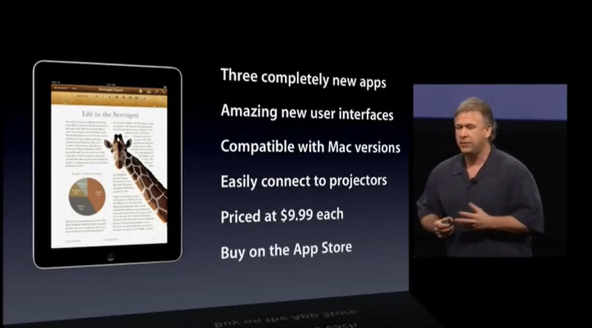 Apple's Phil Schiller describing iWork: Three completely new apps with amazing new user interface, compatible with Mac versions, easily connect to projectors, 9.99 each in App Store.