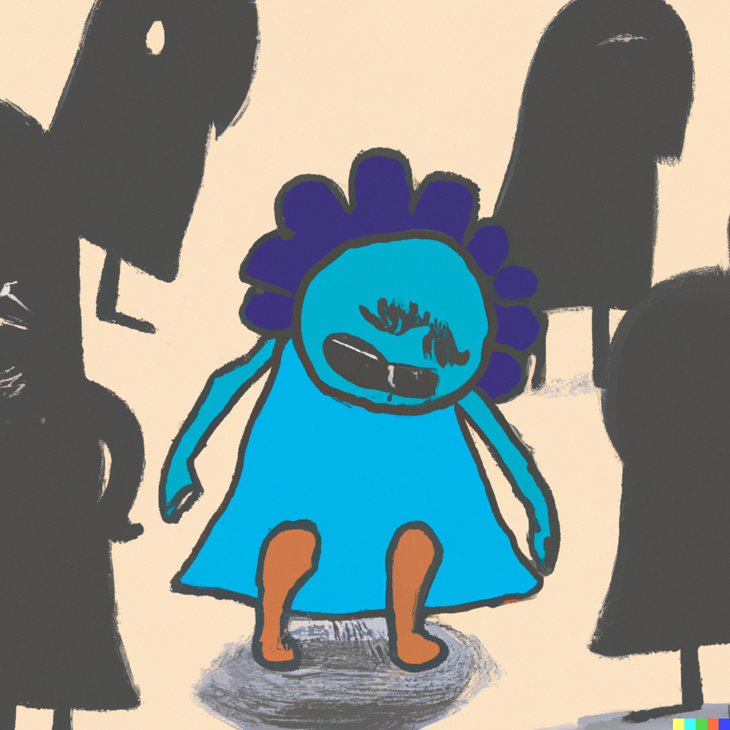 A blue figure crying in the middle of black figures ignoring her.