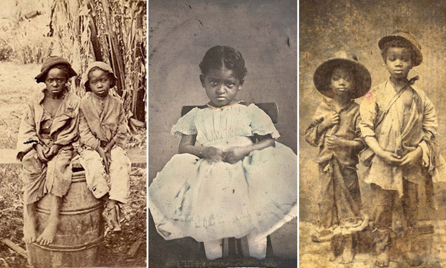 Photographs of enslaved children, none smiling - not their eyes nor their mouths.