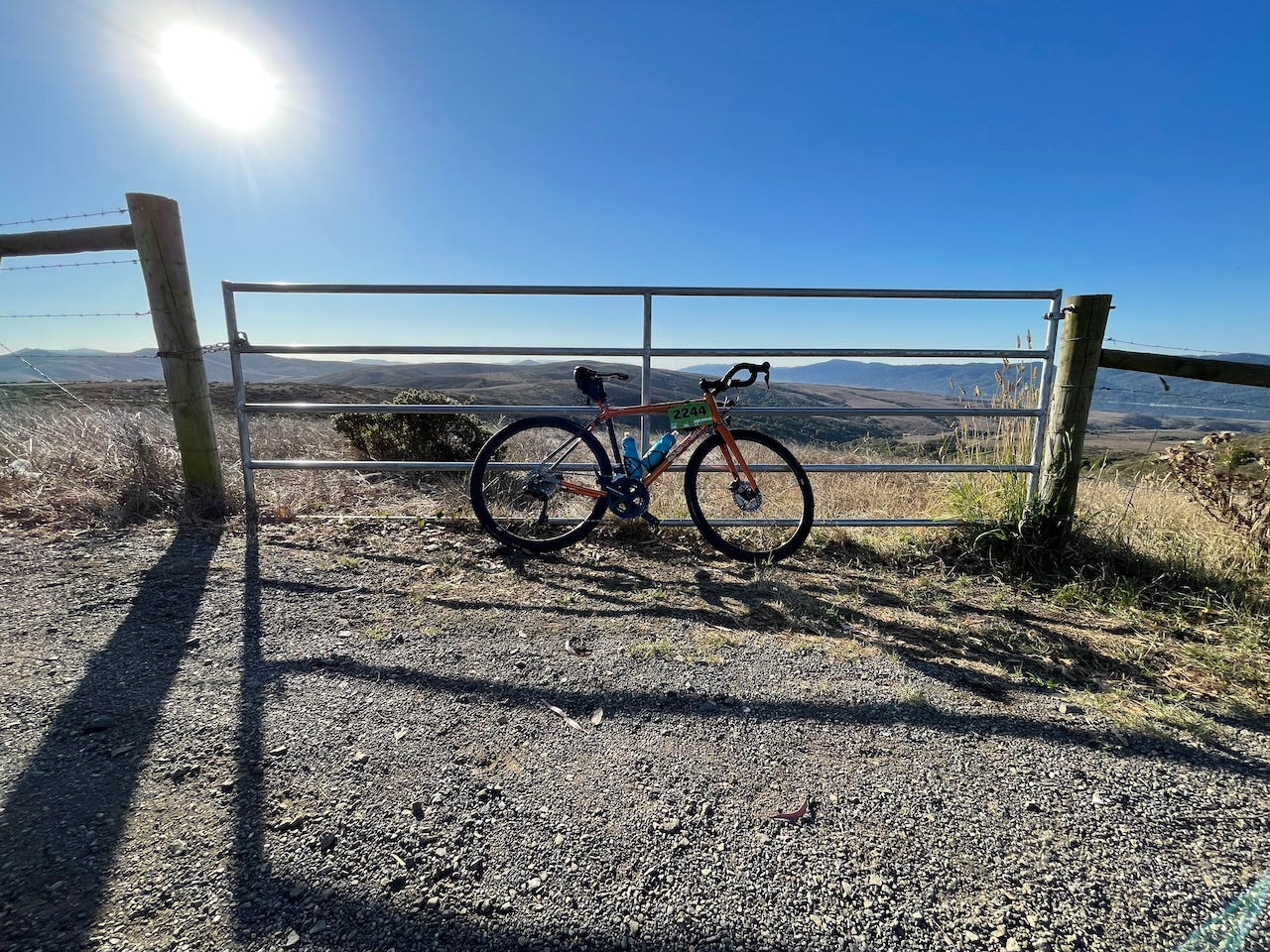 Photo of arod’s bike at the top of the Marshall Wall climb overlooking Tomales Bay, Marin Cyclists Compact Classic, October 2, 2021