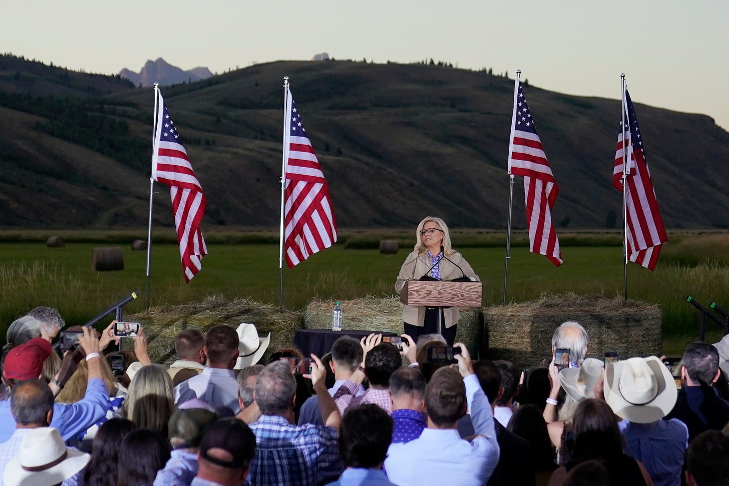 Rep. Liz Cheney speaks at a primary Election Day gathering at Mead Ranch in Jackson, Wyo. 