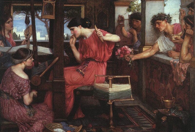 Painting by John W Waterhouse picturing Penelope threading her work