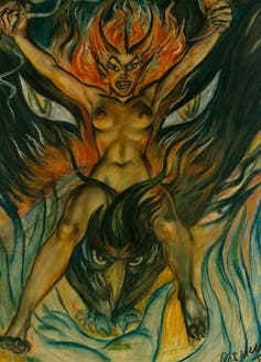 A naked woman with hair of flames rides a firebird.