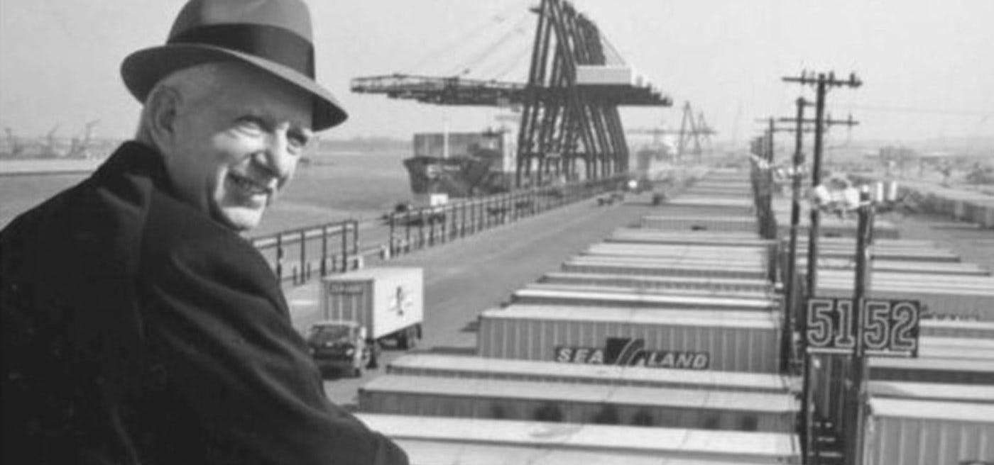Malcom McLean overlooking a container yard. Malcom McLean overlooking a container yard.