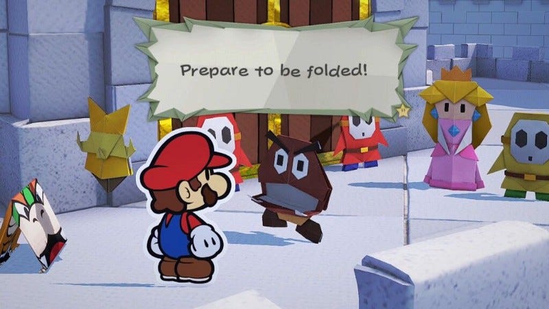 Origami Goomba threatens to fold Mario.