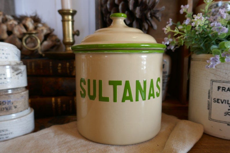 Rare Vintage Enamel Sultanas Tin  Kitchen tin   Vintage image 1