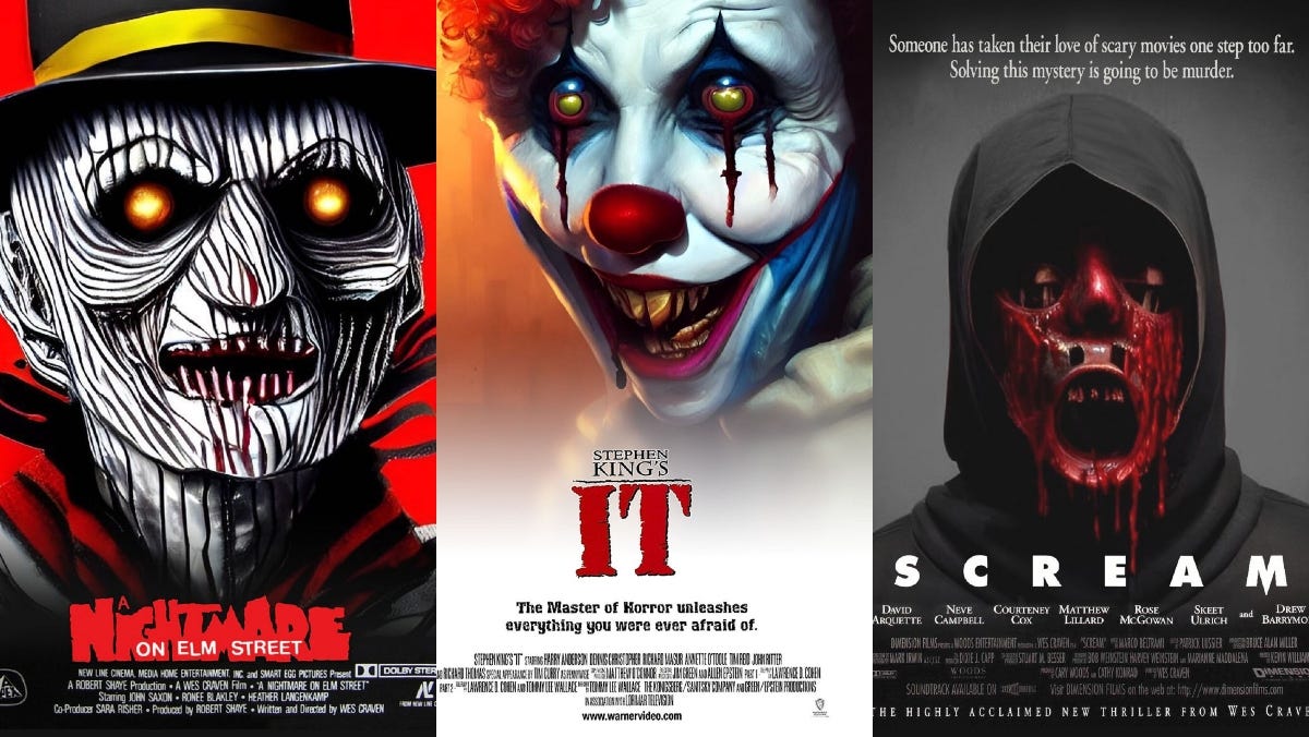 a collage of AI horror film posters including nightmare of elm street, IT, and Scream movies