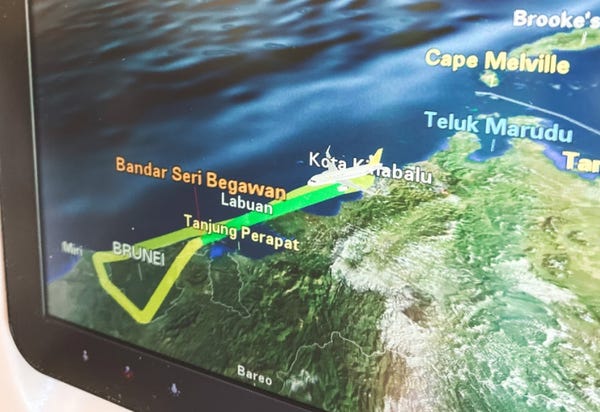 On an in-flight screen, a map of a recent flight-to-nowhere trip on Royal Brunei Airlines.