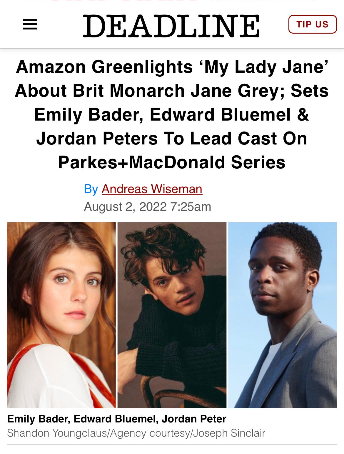 Deadline article with the very awesome lead actors for My Lady Jane