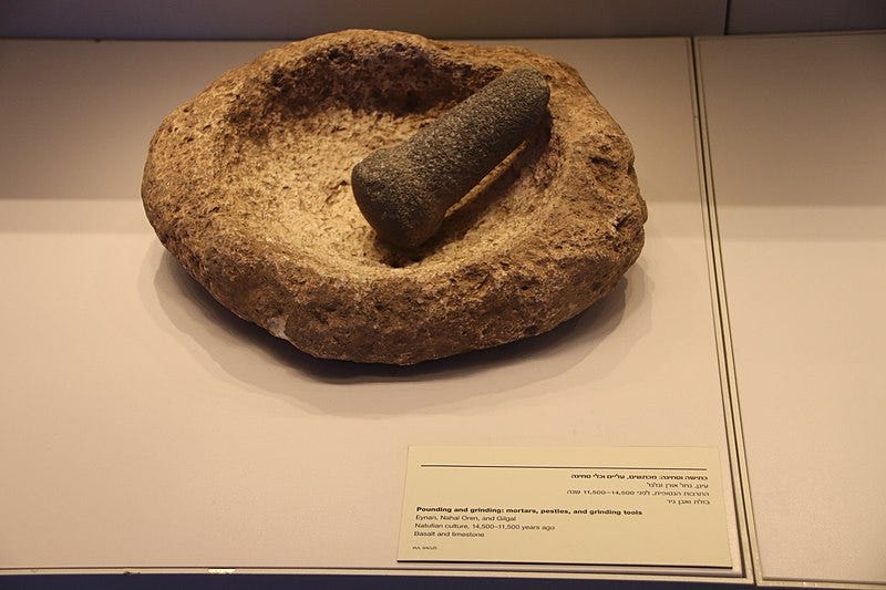 File:Basalt & Limestone Mortar & Pestle, Natufian Culture (42498115414).jpg