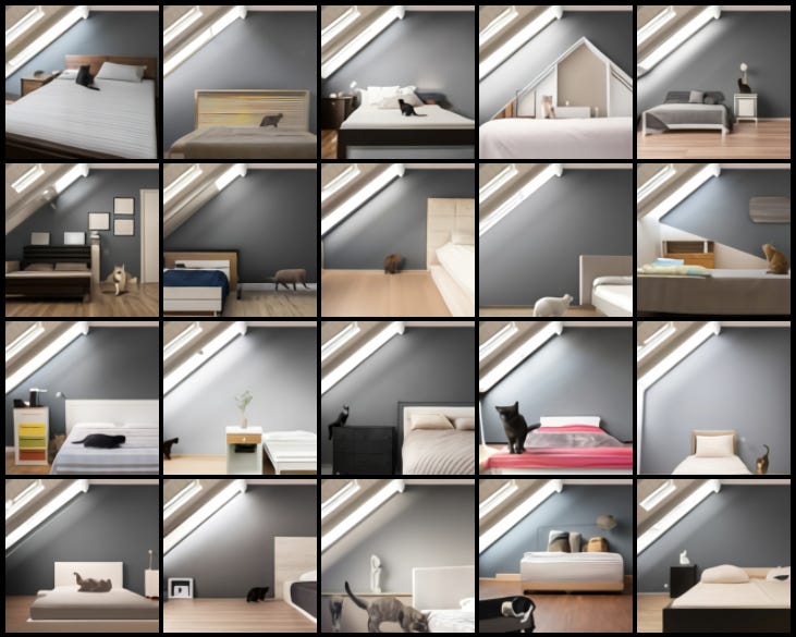 The loft window is similar in all cases and there is usually a bed of some sort, but very often the cat is not standing beside the bed but sitting or lying on the bed. Or even standing on the bed looking curiously at the camera.