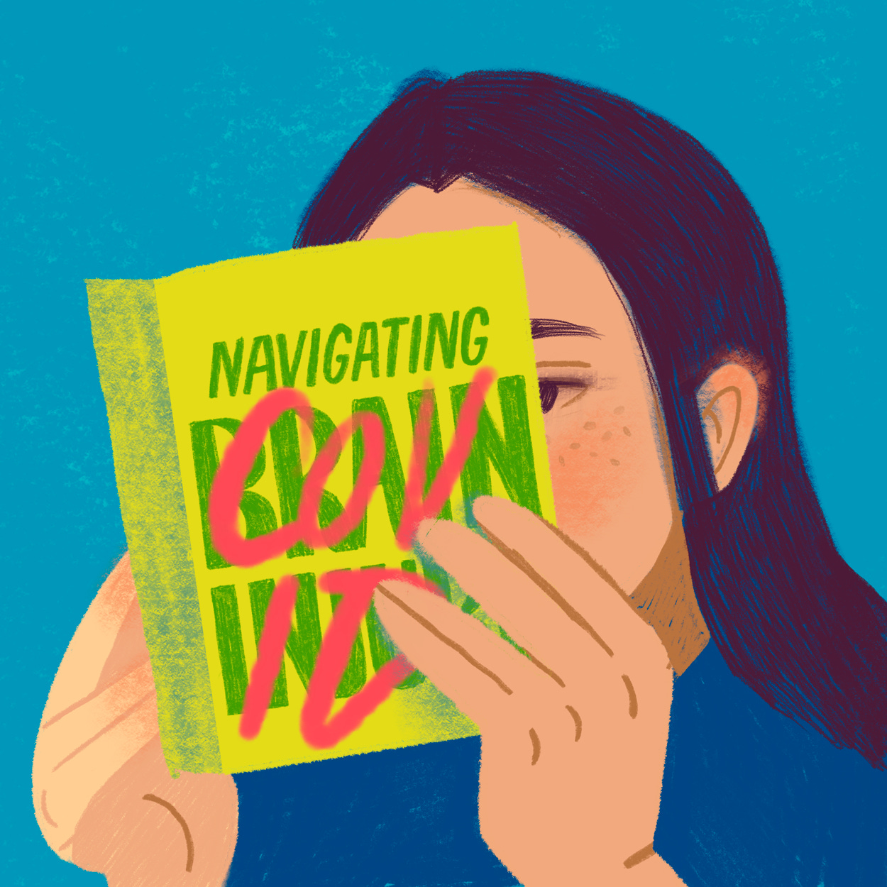 Illustration of a girl reading a book titled 'Navigatin Brain Injury', but 'COVID' is scribbled over the word brain injury.