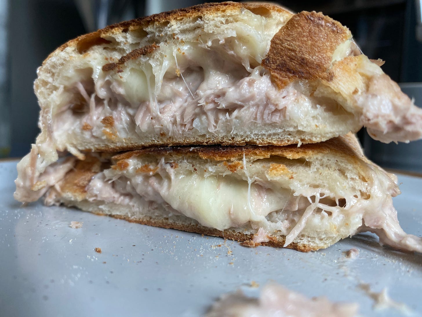 Cut open view of a toasted tuna melt sandwich, pale pink flakes of tuna and stringy melted mozzarella