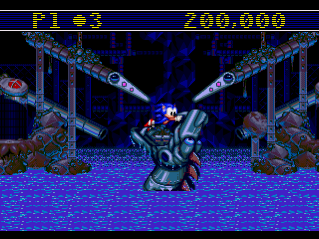 A screenshot of a giant sea creature about to eat Sonic, as he fell near the water and off the table.