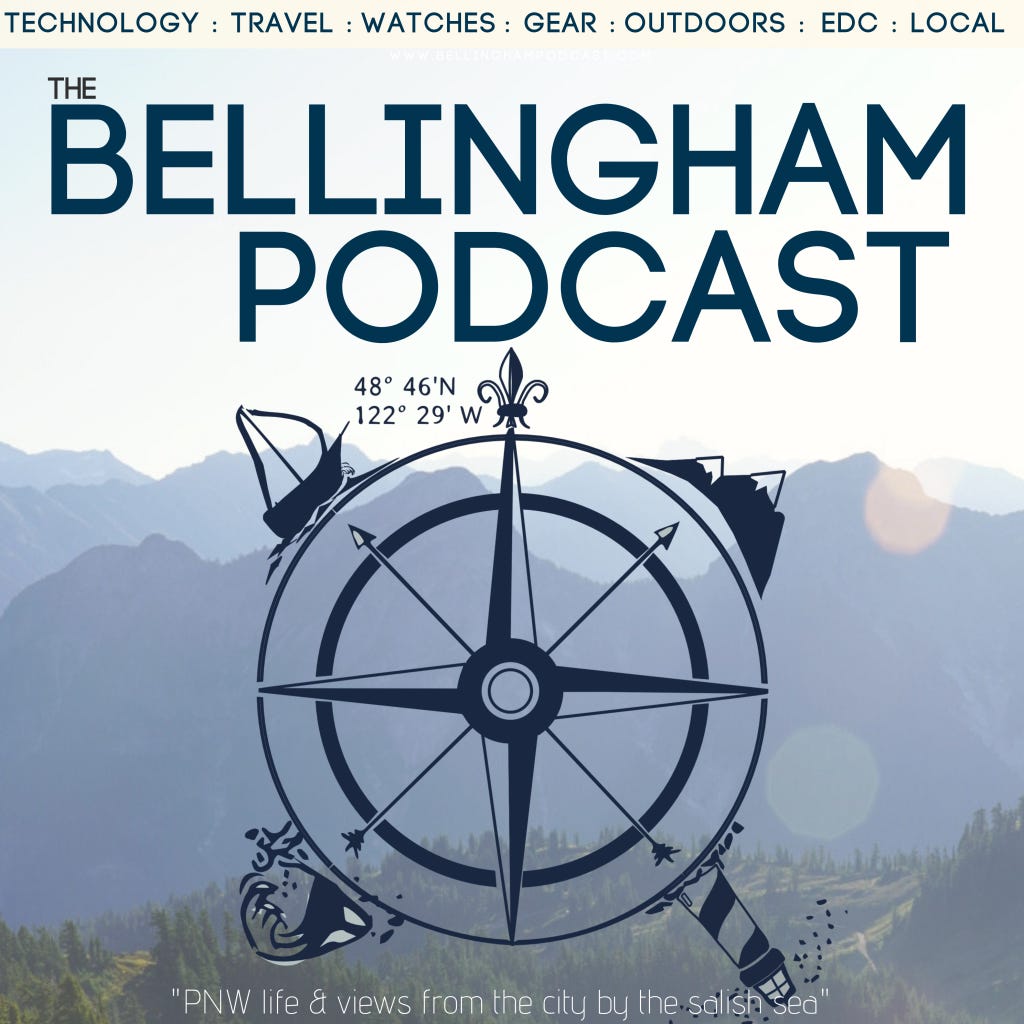 Bellingham Podcast cover art with logo of a compass rose and mountains in background