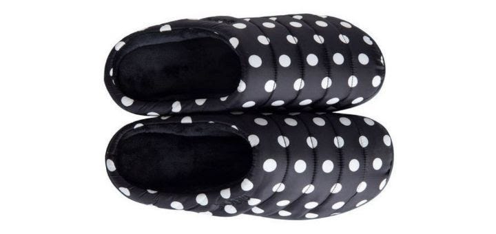 Black Subu slippers with white polka dots
