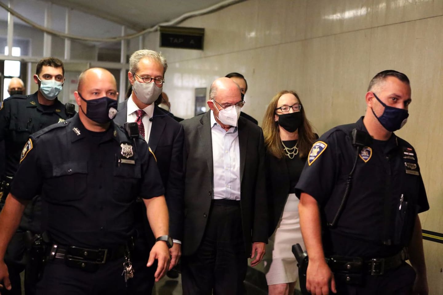 Allen Weisselberg, third from right, Donald Trump’s long-serving chief financial officer, departed court after his arraignment in Manhattan on July 1, 2021, where he faced grand larceny, tax fraud, and other charges.