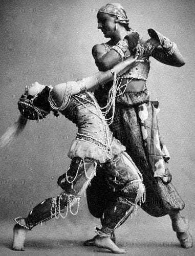 Ida Rubinstein and Vaslav Nijinsky in Schéherazade (Ballets Russes, 1910) | Ballet  russe, Ballet costumes, Russian ballet