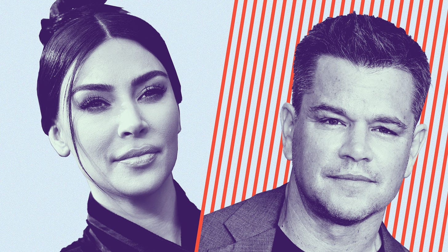 Photo illustration of Kim Kardashian and Matt Damon side by side with only Damon backed by graphic lines