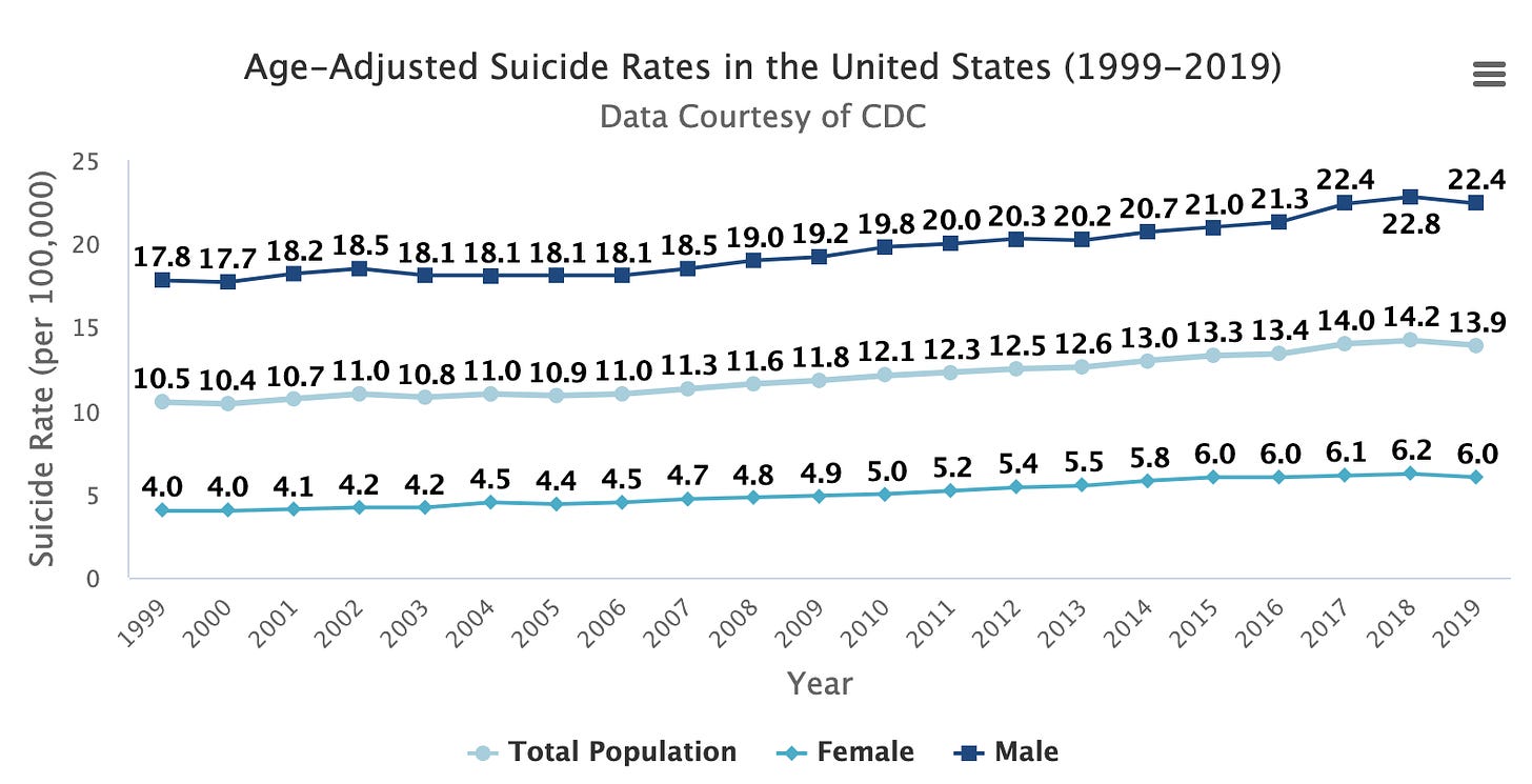 Line char showing increasing rate of suicides since 1999 in the US