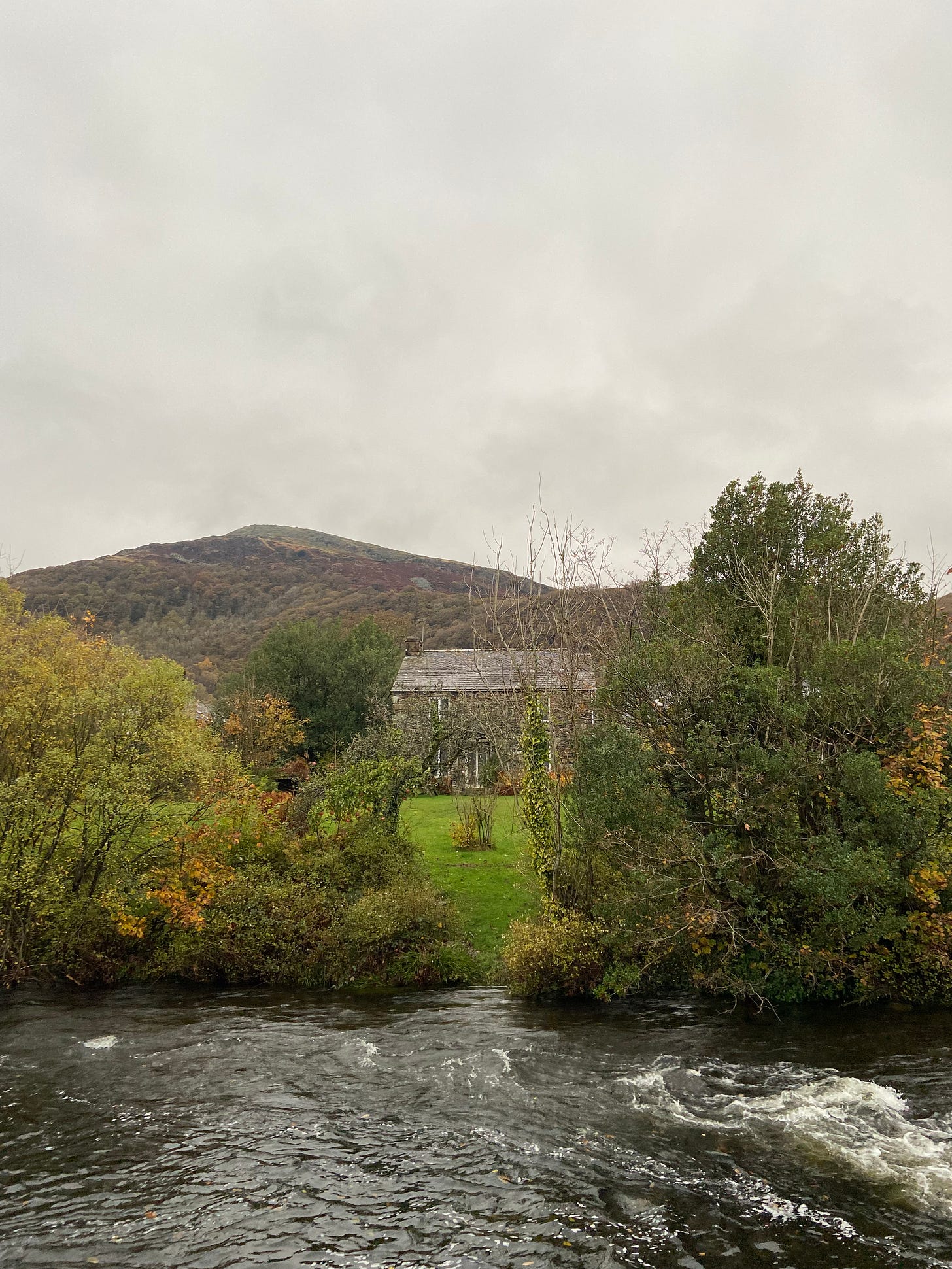 A stone cottage on the edge of the River Duddon, surrounded by trees and a lawn. In the background, behind the house, there's a mountain covered in trees and heather. 