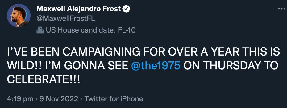 A tweet from Frost that reads, "I’VE BEEN CAMPAIGNING FOR OVER A YEAR THIS IS WILD!! I’M GONNA SEE  @the1975  ON THURSDAY TO CELEBRATE!!!"