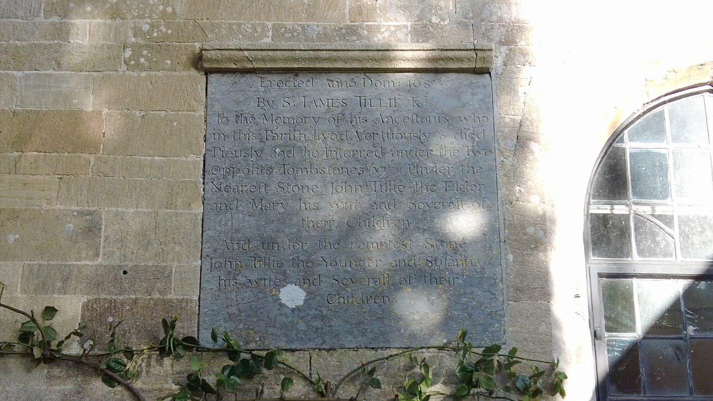 Plaque to  Sir James Tillie 1647-1713 on Church of St Mary, Wingfield, Trowbridge