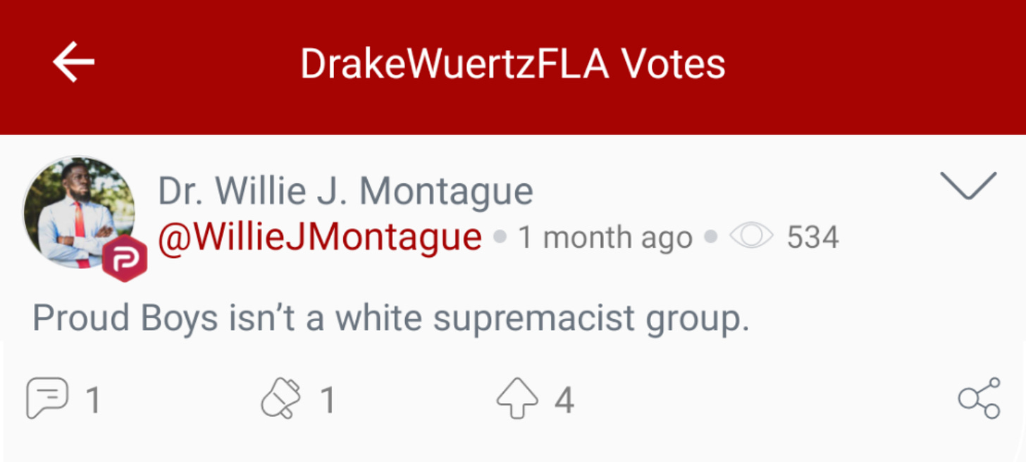 @DrakeWuertzFLA “votes” a Parler post claiming, without support or any other kind of explanation, that The Proud Boys are not a white supremacist group. (Image: Parler screenshot)