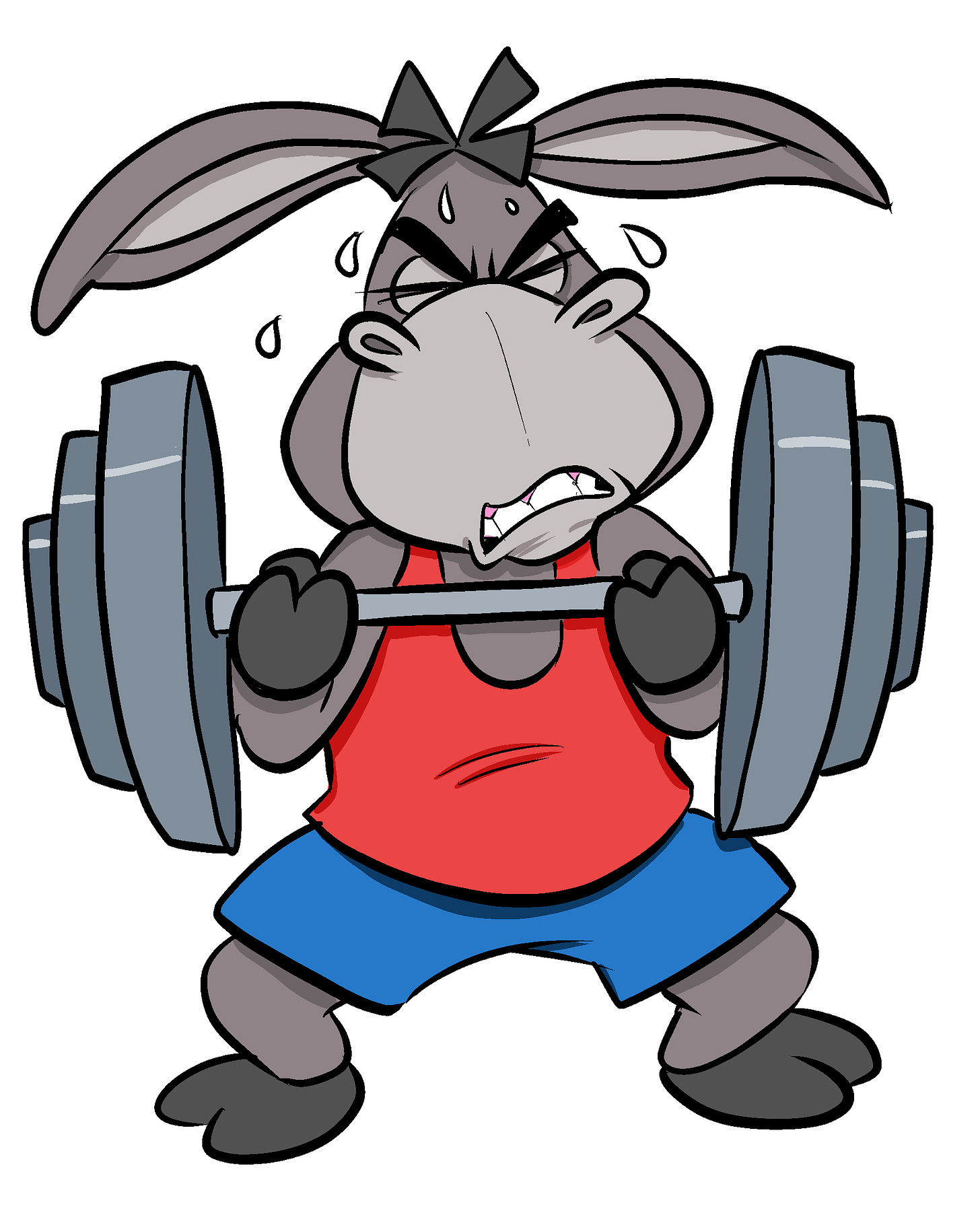 Hoté the Jackass Letters donkey mascot lifting weights.