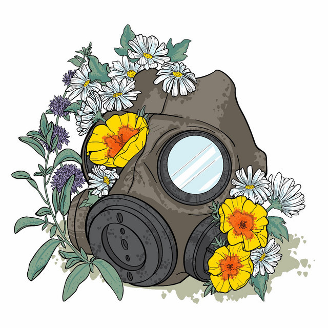 Logo for "Live Like the World Is Dying" podcast, a gas mask covered in flowers.