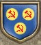 Azure three bezants surcharged a hammer and sickle crossed gules.