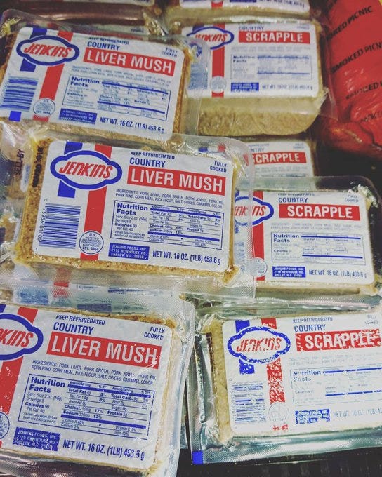 A cooler filled with scrapple and liver mush at Gatlinburg, Tenn. Scrapple is a sliceable pork and offal breakfast meaat that is augmented with flour or cornmeal and fried in a pan. It has Pennsylvanian-Dutch roots