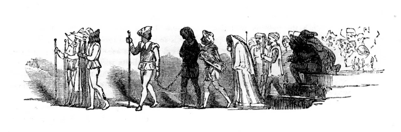 a black and white etching of a procession of people in semi-accurate Tudor clothing. at the center of the image is a man mostly in shadow, led by a chain held by the man walking in front of him. just behind him is a woman in a long cloak, her head bowed and hands clasped.