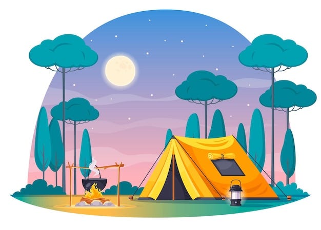 Camping place cartoon composition with yellow tent lamp pot with dinner on fire night sky