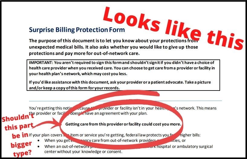 A photo of a surprise billing protection form. Among other text, in bold and circled in red is "getting care from this provider or facility could cost you more." adjacent to that line is the question "shouldn't this part be in bigger type?"