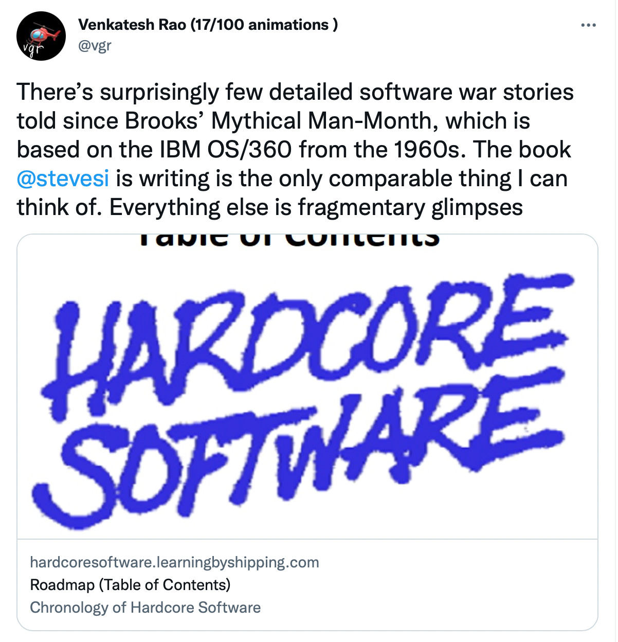 There’s surprisingly few detailed software war stories told since Brooks’ Mythical Man-Month, which is based on the IBM OS/360 from the 1960s. The book @stevesi is writing is the only comparable thing I can think of. Everything else is fragmentary glimpses