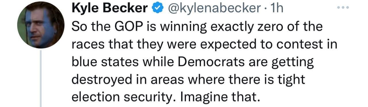 May be a Twitter screenshot of 1 person and text that says '1h Kyle Becker @kylenabecker So the GOP is winning exactly zero of the races that they were expected to contest in blue states while Democrats are getting destroyed in areas where there is tight election security. Imagine that.'