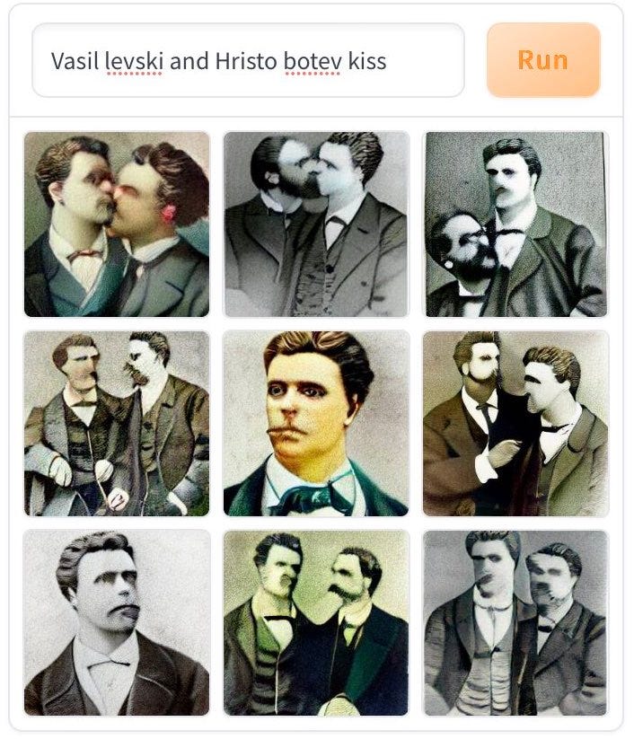 Изображения на Васил Левски и Христо Ботев, които се целуват, генерирани с изкуствен интелект
