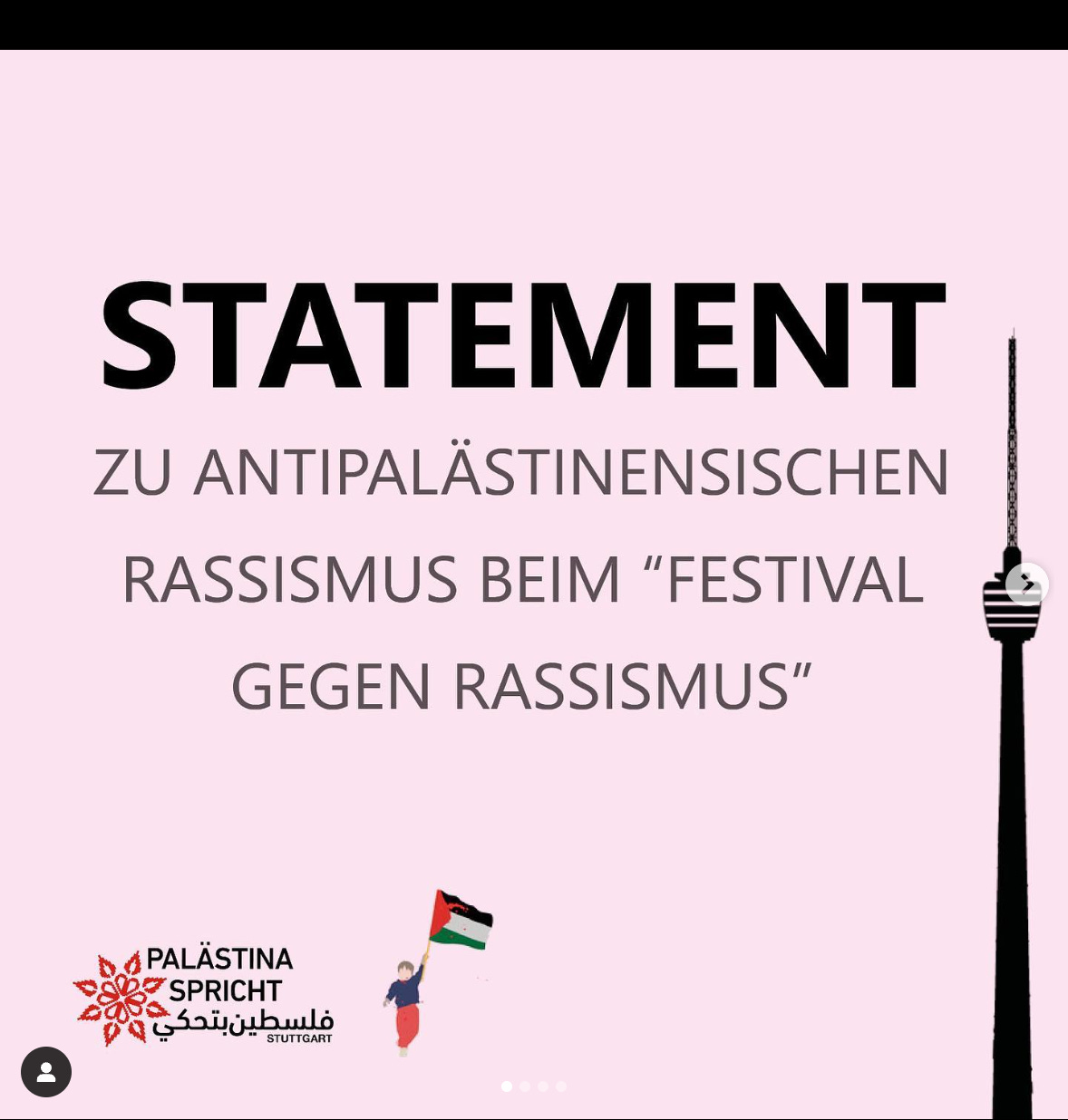 A pink square with black text reading "Statement zu antipalästinensischen Rassismus beim 'Festival gegen Rassismus'". A black graphic-style image of the TV Tower in Berlin is on the right.