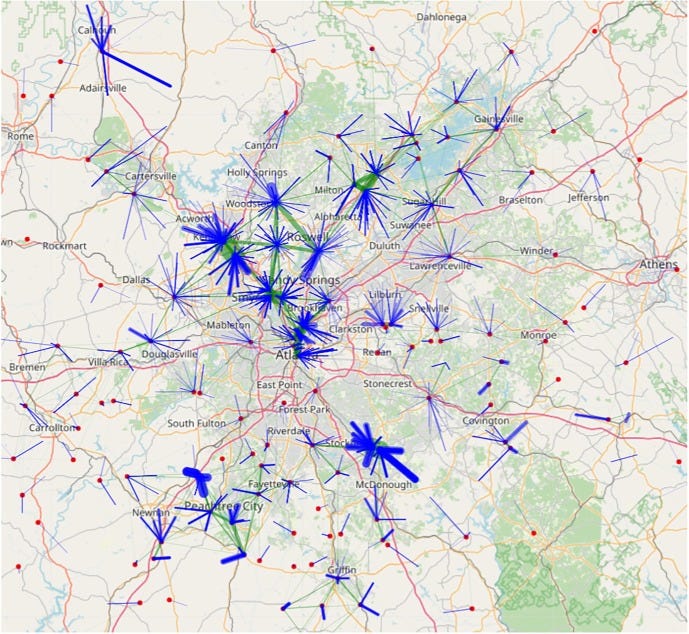 A map of potential commuter urban air routes in Atlanta. Mainly coming from the north of the city into the CBD